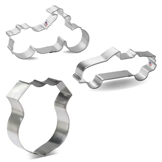 CookieCutter.com 3 Piece Road Trip Route 66 Cookie Cutter Set Police Badge, Convertible Car, Motorcycle, Metal Shapes Made in USA, Silver {4}