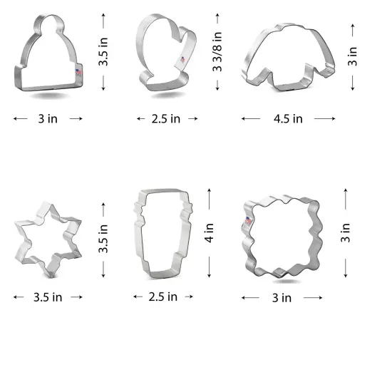 CookieCutter.com 6 Piece Winter Cozy Night Cookie Cutter Set Snowflake, Sweater, Beanie Hat Stocking Cap, Latte Cup, Mitten, Fancy Square Plaque Frame, USA {2}