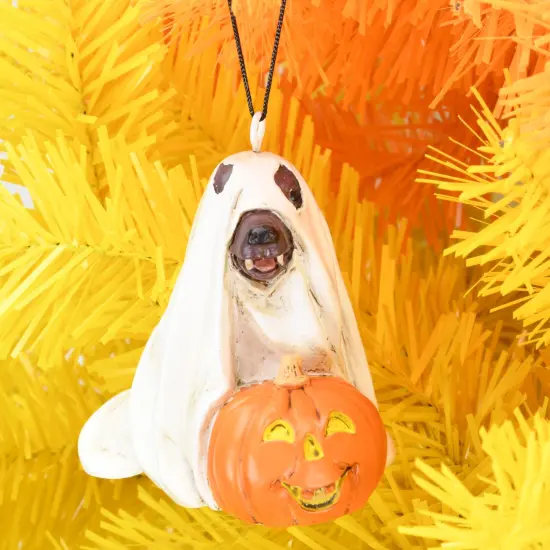 Cute Dog Dressed As Ghost with Pumpkin Halloween Ornament {5}
