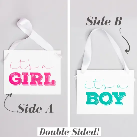 Ritzy Rose Gender Reveal Sign - Pink and Blue on 11x8in White Linen Cardstock with White Ribbon {2}