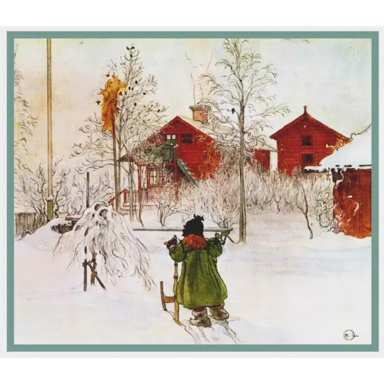 Scandinavian Carl Larsson Yard Wash House in Snow Counted Cross Stitch Pattern {2}