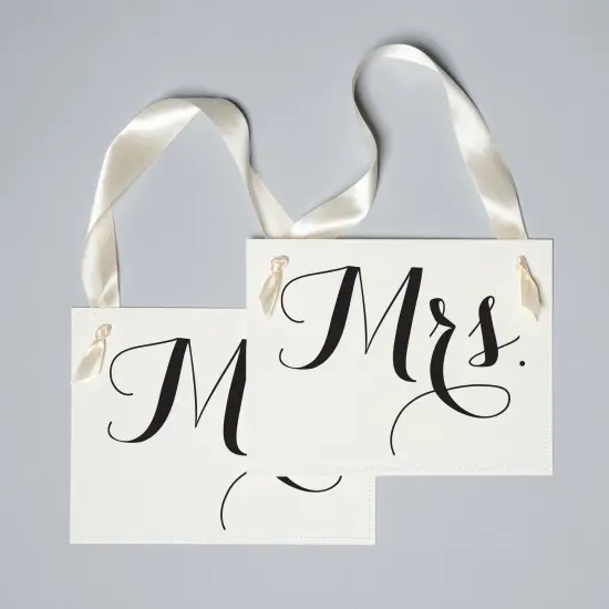 Ritzy Rose Mr. and Mrs. Chair signs - Black on 11x8in Ivory Linen Cardstock with Ivory Ribbon {2}