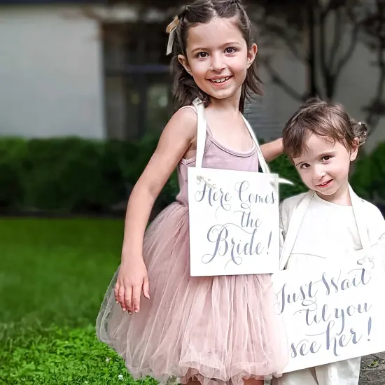 Ritzy Rose 2 Cute Ring Bearer Signs - Slate on 11x8in White Linen Cardstock with Dusty Blue Ribbon {2}