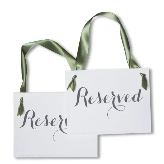 Ritzy Rose 2 Reserved Signs - Black on 11x8in Ivory Linen Cardstock with Moss Green Ribbon {1}