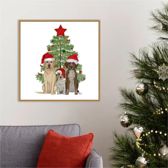 Christmas Dog Trio Tree by Fab Funky 22-in. W x 22-in. H. Canvas Wall Art Print Framed in Natural {5}