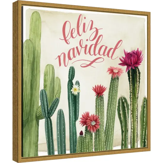 Christmas Cactus I Feliz Navidad by Grace Popp 16-in. W x 16-in. H. Canvas Wall Art Print Framed in Gold {1}