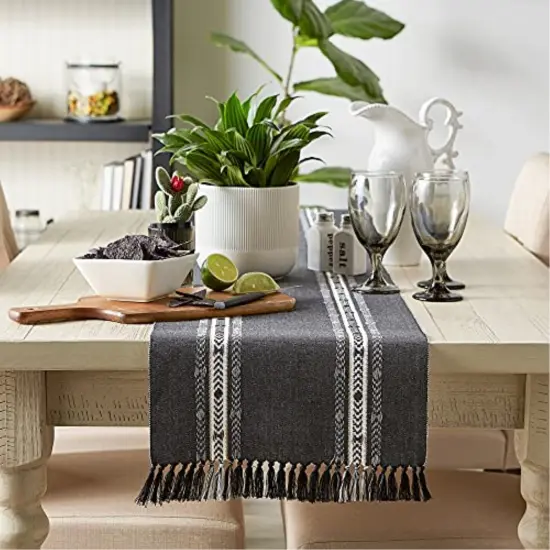 DII Black Dobby Striped Fringe Ribbed Table Runner 14x108 {3}