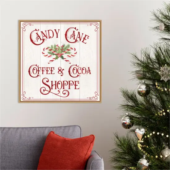 Vintage Christmas Signs I-Candy Cane Coffee by Tara Reed 22-in. W x 22-in. H. Canvas Wall Art Print Framed in Natural {5}