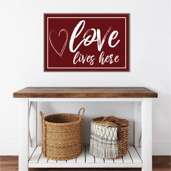 Valentines Sentiment V Love Lives Here by Tara Reed 33-in. W x 23-in. H. Canvas Wall Art Print Framed in Grey {5}