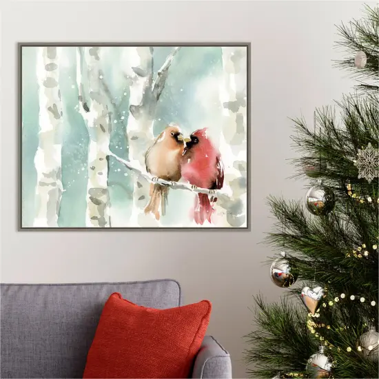 Christmas Cardinals by Katrina Pete 28-in. W x 23-in. H. Canvas Wall Art Print Framed in Grey {4}