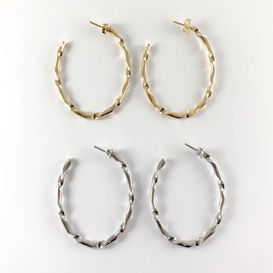 Large Gold Silver Wavy Ribboned Earring Hoops in 18K Gold or Silver Plated Twisted Ribbon Wavy Hoop Earring Over Copper 1 pair {5}