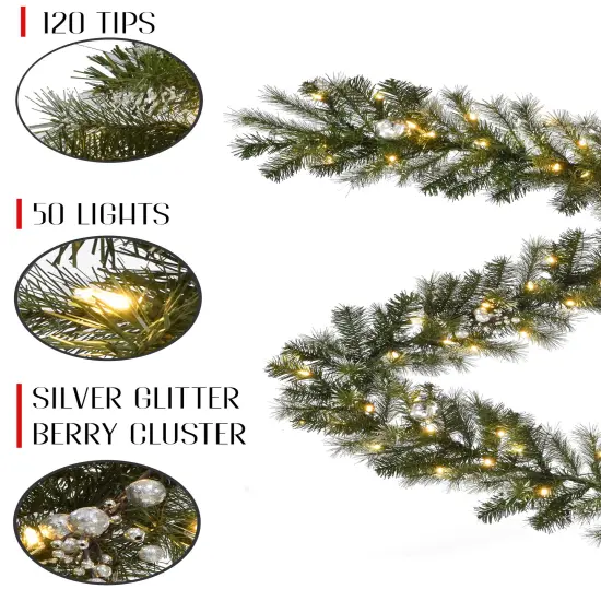 Perfect Holiday 6ft Pre-lit Snow Dusted Nulato Pine Garland With Silver Ornaments And Berry Clusters {4}