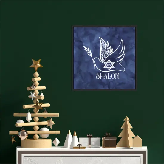 Festival of Lights blue V-Shalom Dove by Tara Reed 16-in. W x 16-in. H. Canvas Wall Art Print Framed in Black {4}