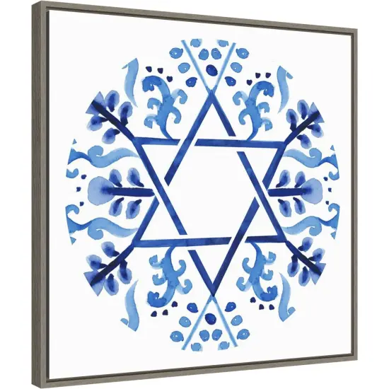 Indigo Hanukkah Collection C by Victoria Borges 22-in. W x 22-in. H. Canvas Wall Art Print Framed in Grey {1}
