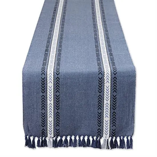 DII French Blue Dobby Striped Fringe Ribbed Table Runner 14x72 {1}