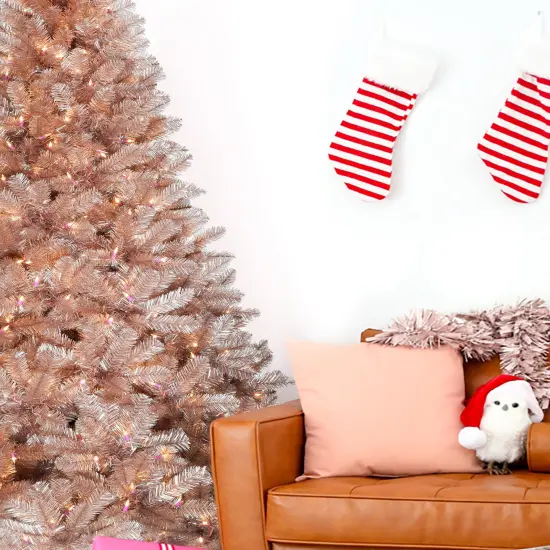 Perfect Holiday 5' Pre-lit Rose Gold Oregon Fir Tinsel Tree {2}