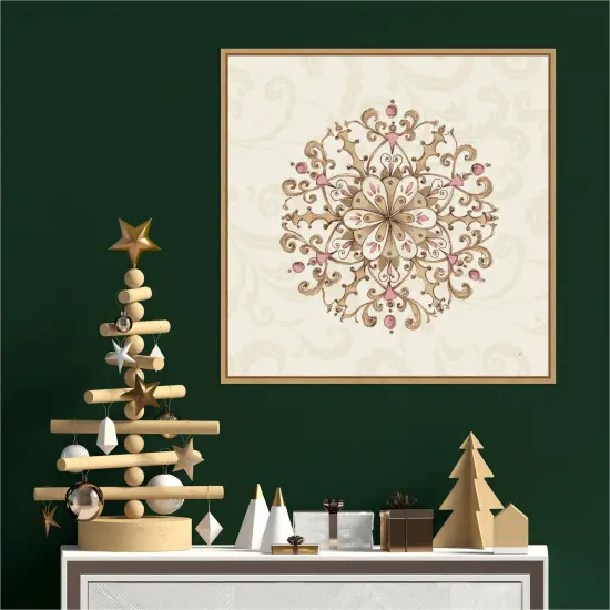 Elegant Season Snowflake III Pink by Daphne Brissonnet 22-in. W x 22-in. H. Canvas Wall Art Print Framed in Natural {4}