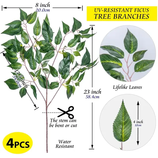 Grand Verde Ficus Tree Branches 23&rdquo; Tall Artificial Greenery Plants Faux Green Silk Leaves DIY Home Decor Fence Decoration Craft Wreath, Bulk 4pcs {2}
