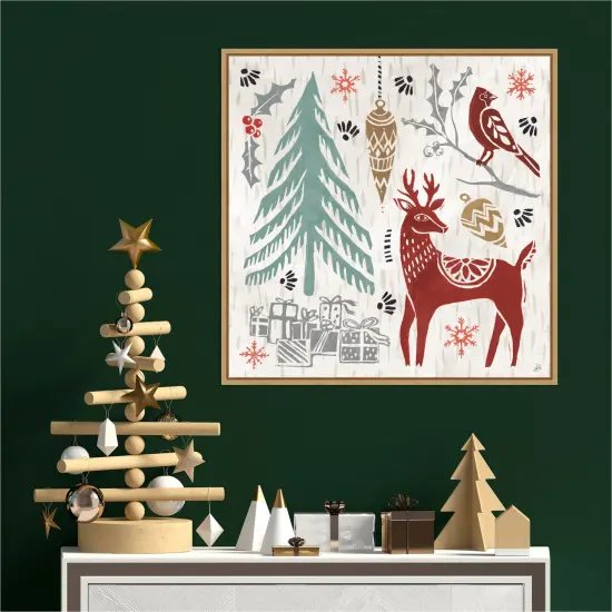 Woodcut Christmas V by Daphne Brissonnet Canvas Wall Art Print Framed Natural {4}