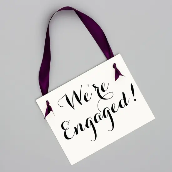 Ritzy Rose Engagement Sign - Black on 11x8in White Linen Cardstock with Royal Purple Ribbon {2}
