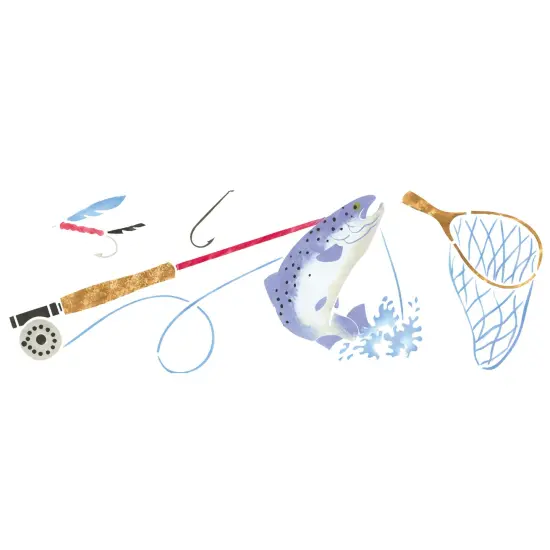 Fish, Net, Rod and Basket Wall Stencil | 030A by Designer Stencils | Outdoor Stencils | Reusable Art Craft Stencils for Painting on Walls, Canvas, Wood | Reusable Plastic Paint Stencil for Home Makeover | Easy to Use & Clean Art Stencil {1}