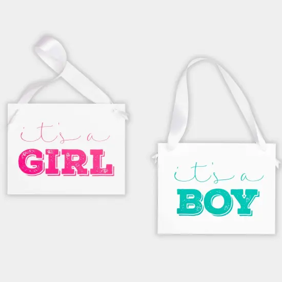 Ritzy Rose Gender Reveal Sign - Pink and Blue on 11x8in White Linen Cardstock with White Ribbon {1}