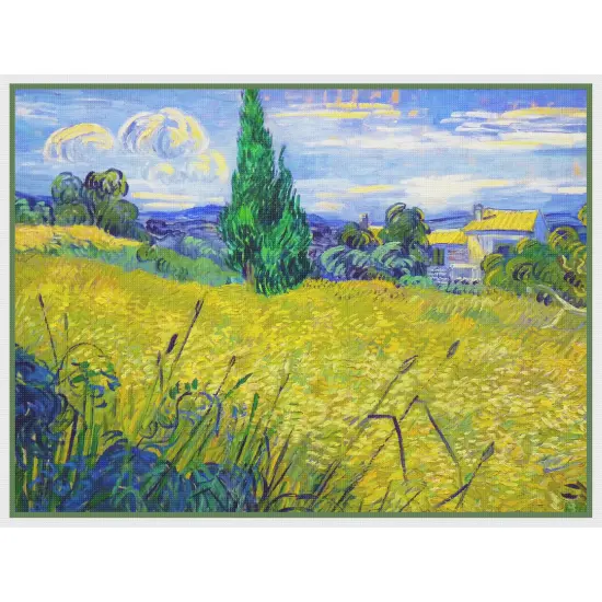 Green Wheat Field with Cypress Trees inspired by Impressionist Vincent Van Gogh's Painting Counted Cross Stitch Pattern {2}