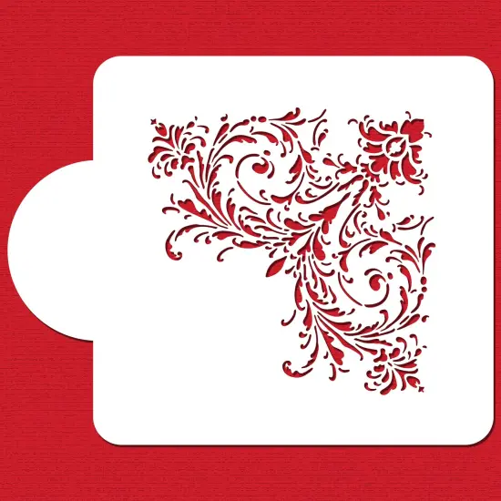 Feathered Scroll Cake Stencil Corner | C161 by Designer Stencils | Cake Decorating Tools | Baking Stencils for Royal Icing, Airbrush, Dusting Powder | Reusable Plastic Food Grade Stencil for Cakes | Easy to Use & Clean Cake Stencil {1}