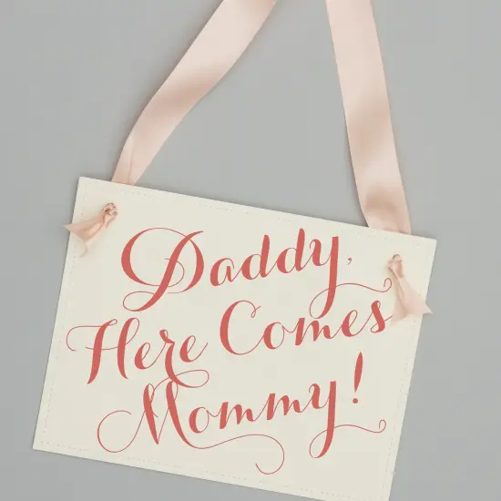 Ritzy Rose Cute Ring Bearer Sign - Coral on 11x8in Ivory Linen Cardstock with Blush Pink Ribbon {2}