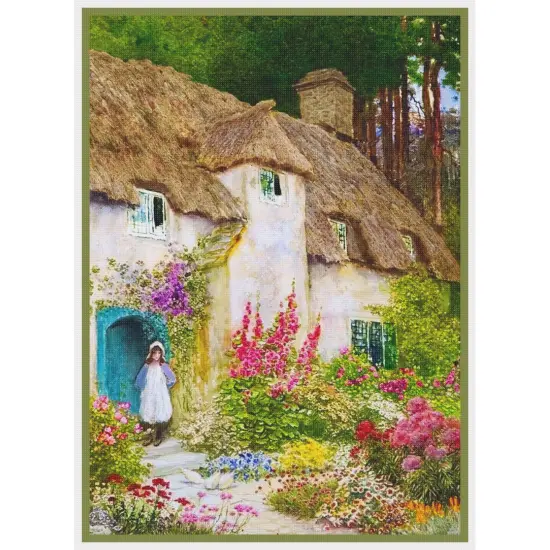 A Girl at English Cottage Door by A. C. Strachan Counted Cross Stitch Pattern {2}