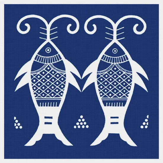 Asian Indigo 2 Fish Folk Art Design *2 DMC Colors* Counted Cross Stitch Pattern {2}