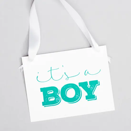 Ritzy Rose Gender Reveal Sign - Pink and Blue on 11x8in White Linen Cardstock with White Ribbon {5}