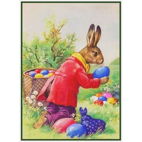 Vintage Easter Bunny Hiding Eggs Counted Cross Stitch Pattern {2}