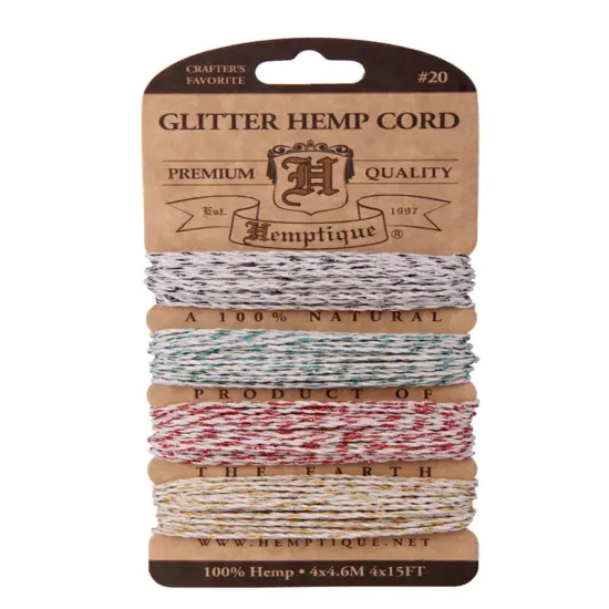 Hemptique 1mm #20 Variegated Metallic & Glitter Hemp Cord Card Set Eco Friendly Sustainable Naturally Grown Jewelry Bracelet Making Paper Crafting Scrapbooking Bookbinding Mixed Media Crocheting Macrame Seasonal Holiday Gift Wrapping Outdoor Garden Festive occasion {1}