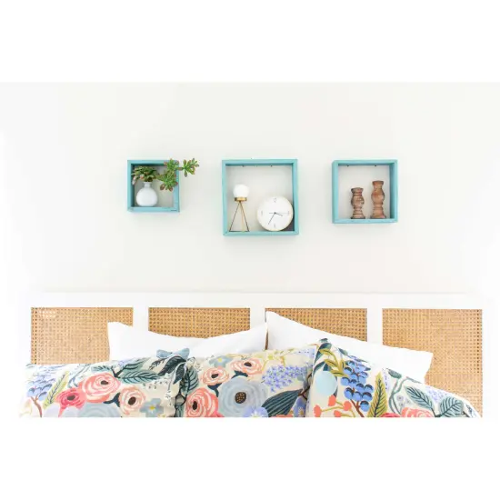 Rustic Farmhouse Reclaimed Wooden Open Square Wall Shelves (Set of 3) Blue {5}