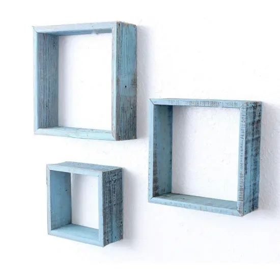 Rustic Farmhouse Reclaimed Wooden Open Square Wall Shelves (Set of 3) Blue {1}