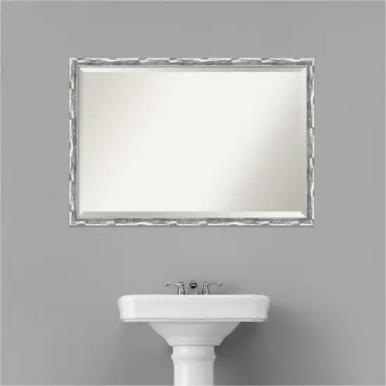 Beveled Bathroom Wall Mirror, Scratched Wave Chrome Frame {6}