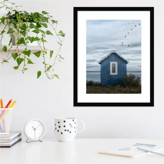 Beach hut by Lotte Gronkjaer Wood Framed Wall Art Print {5}