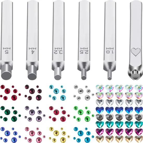 DIY Metal Stamping Kit Crystals Setter Stamping Punches Kit 2600 Pieces Multi Colored Flatback Rhinestones Heart Metal Hand Stamp 5 Pieces Circle Jewelry Design Stamps Jewelry for DIY Crafts, 6 Size {1}