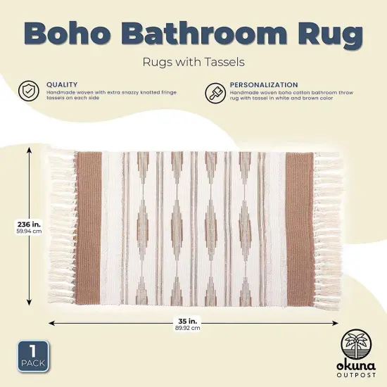 Yellow Bohemian Bathroom Rug with Tassels, Bohemian Style Mat (23.6 x 35 Inches) Brown {4}