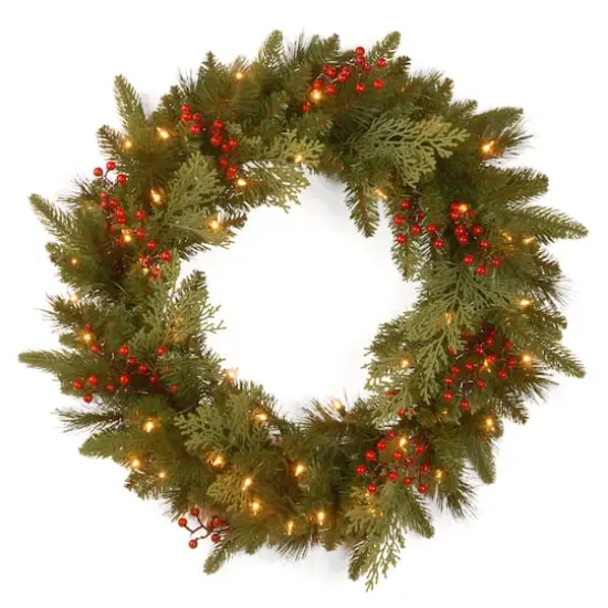 24" Feel Real&reg; Classical Collection Wreath with Red Berries, Cedar Leaves & Warm White LED Lights {1}