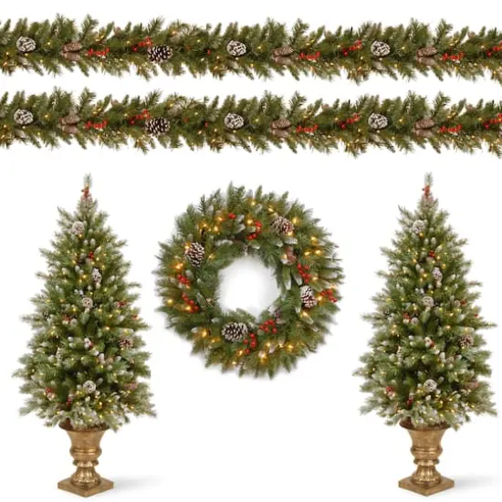5-Piece Pre-Lit Frosted Berry Artificial Christmas Entrance Trees, Garland & Wreath {1}