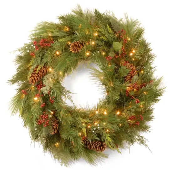 30" White Pine & Pine Cones Wreath With Soft White LED Lights {1}