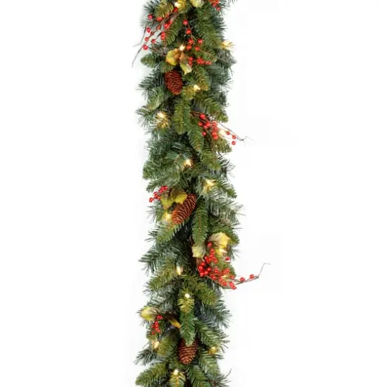 9' x 10" Pre-lit Classical Collection Artificial Christmas Garland with Red Berries, Cones, Holly Leaves and 50 Clear Lights {1}