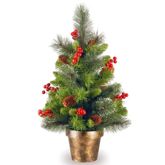 2ft. Unlit Silver Bristle, Pinecones, Red Berries & Glitter Crestwood Spruce Artificial Christmas Tree in Bronze Pot {1}