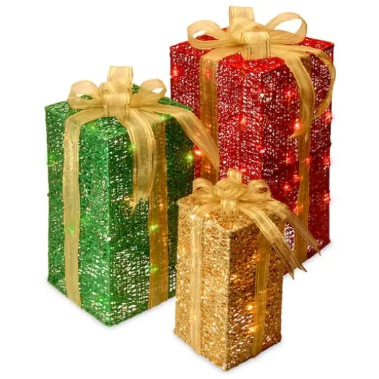 Set of 3 Sisal Gift Box, Clear Mini Lights {1}