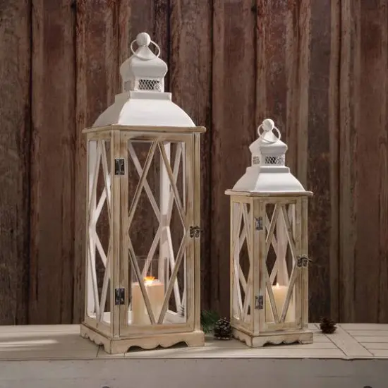 Glitzhome&reg; White Farmhouse Wood & Metal Lantern Set {3}