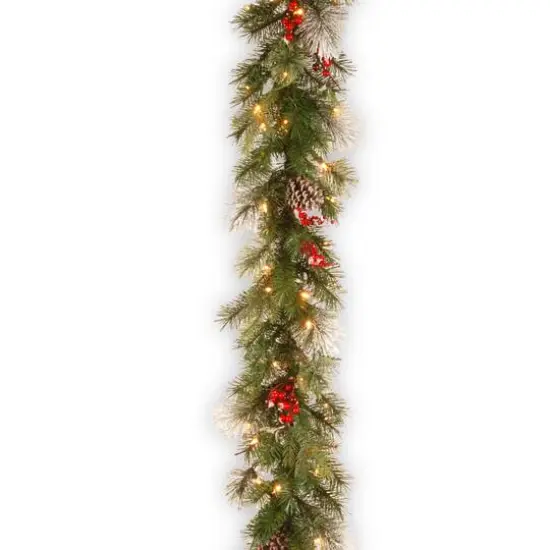 9ft. Pre-lit Feel Real&reg; Wintry Berry Collection Artificial Christmas Garlands with Big Pine Cones, Red Berries & Snowy Bristle with 70 Clear Lights {1}