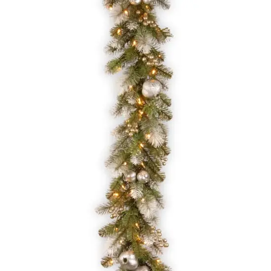 9ft. Pre-lit Glittery Pomegranate Pine Garland with Silver Pomegranates,Champagne Berries Frosted Tips and 100 Clear Lights {1}