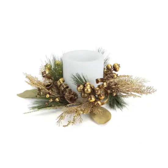 16" Golden Brown Ribbon Berry & Pine Cone Pillar Candle Ring {1}